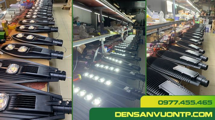 ảnh các đèn đường LED lá 100W và 250W trên bàn ở xưởng sản xuất đèn Trần Phú